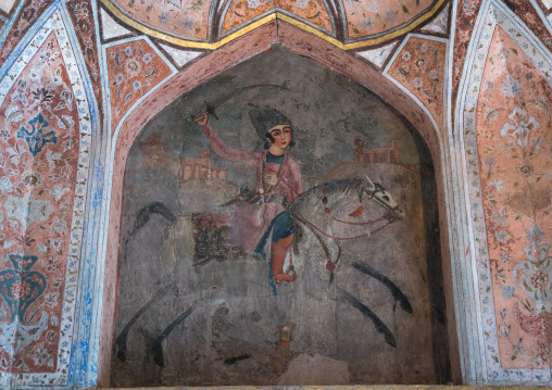 Fresco of a man riding a horse in Chehel Sotoun Forty Columns Palace, Isfahan Province, Isfahan, Iran