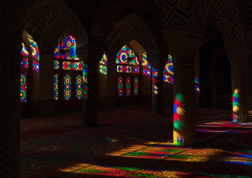 The prayer hall of Nasir ol Molk mosque with its beautiful coloured glass windows, Fars Province, Shiraz, Iran