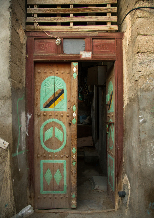 old painted wooden door, Qeshm Island, Laft, Iran