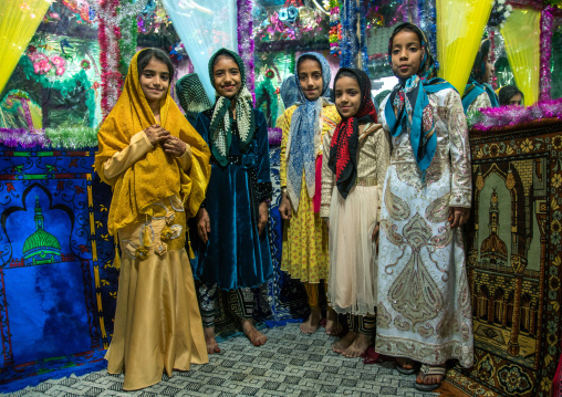 girls inside the bride and groom room for a wedding, Qeshm Island, Salakh, Iran