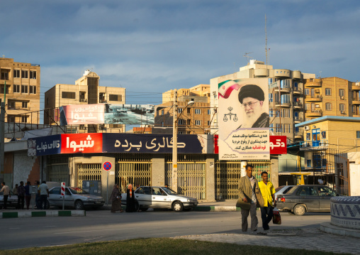 propaganda sign with khameini portrait in the street, Hormozgan, Bandar Abbas, Iran
