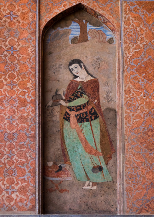 fresco at ali qapu palace depicting persian woman, Isfahan Province, isfahan, Iran
