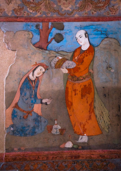 fresco at ali qapu palace depicting persian couple, Isfahan Province, isfahan, Iran