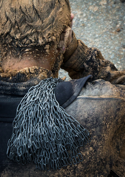 Iranian Shiite Man Covered In Mud Crying During Ashura, The Day Of The Death Of Imam Hussein, Kurdistan Province, Bijar, Iran