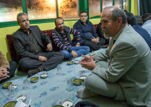 Iranian Shiite Muslim Men Having A Nazri Charity Diner During Muharram Before Ashura Celebrations, Golestan Province, Gorgan, Iran