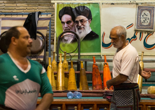 Men Training At Saheb A Zaman Club Zurkhaneh In Front Of Khameini And Khomeini Posters, Yazd Province, Yazd, Iran