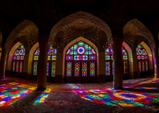 The Prayer Hall Of Nasir Ol Molk Mosque With Its Beautiful Coloured Glass Windows, Fars Province, Shiraz, Iran