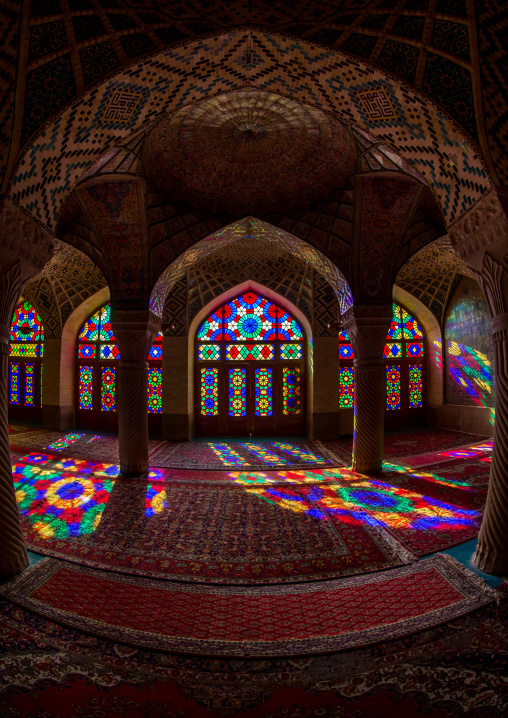 The Prayer Hall Of Nasir Ol Molk Mosque With Its Beautiful Coloured Glass Windows, Fars Province, Shiraz, Iran