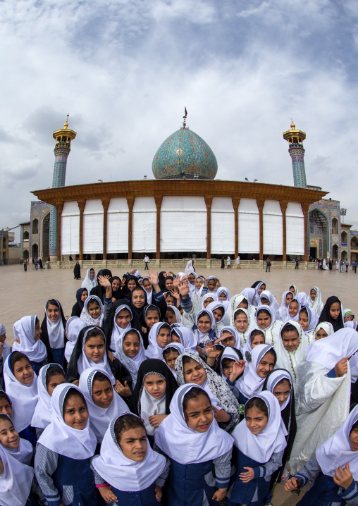 Veiled Muslim Shiite Schoolgirls In Front Of The Shah-e-cheragh Mausoleum, Fars Province, Shiraz, Iran