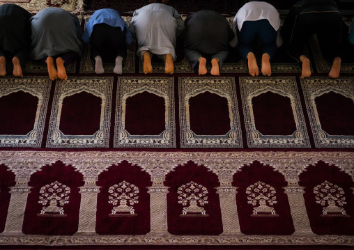 Iranian Shiite Muslim Men Kneeling And Praying In Mosque, Golestan Province, Karim Ishan, Iran