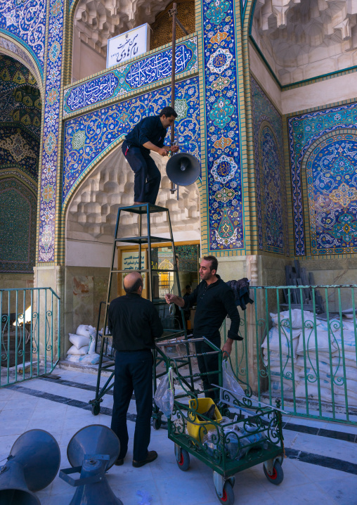 Men Putting Loudspeakers In Fatima Al-masumeh Shrine For Ashura Celebration, Central County, Qom, Iran