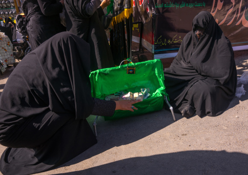A Shiite Muslim Woman Collecting Money In A Green Craddle On The Day Of Tasua, Lorestan Province, Khorramabad, Iran
