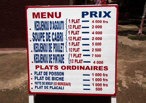 Maquis restaurant menu board, Région des Lacs, Yamoussoukro, Ivory Coast