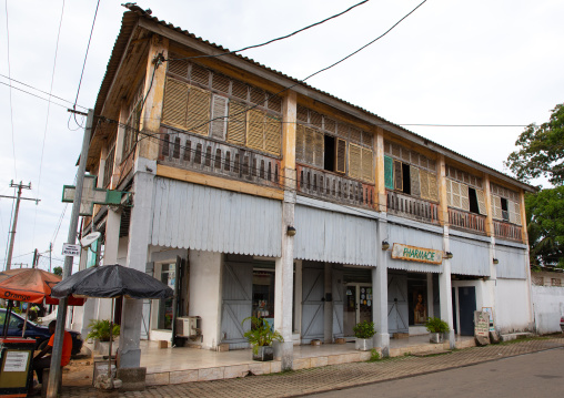 Old french colonial building used as a pharmacy in the UNESCO world heritage area, Sud-Comoé, Grand-Bassam, Ivory Coast