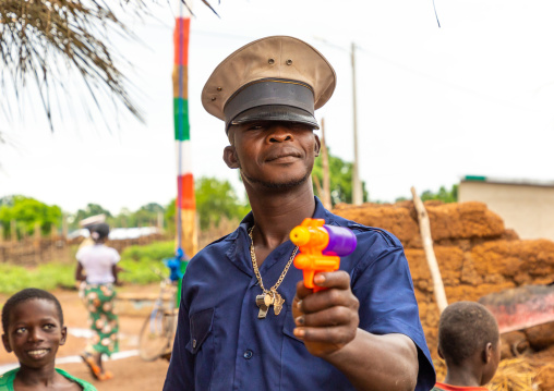 Symbolic policeman during a Poro society age-grade initiation in Senufo tribe, Savanes district, Ndara, Ivory Coast