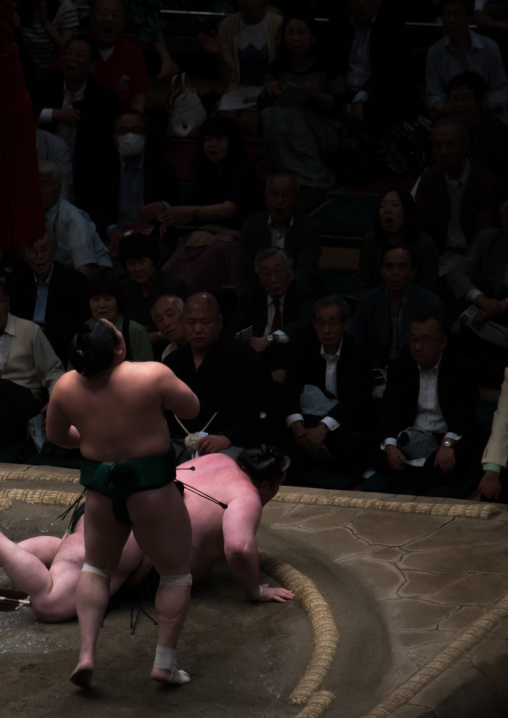 Sumo wrestling in the ryogoku kokugikan sumo arena, Kanto region, Tokyo, Japan