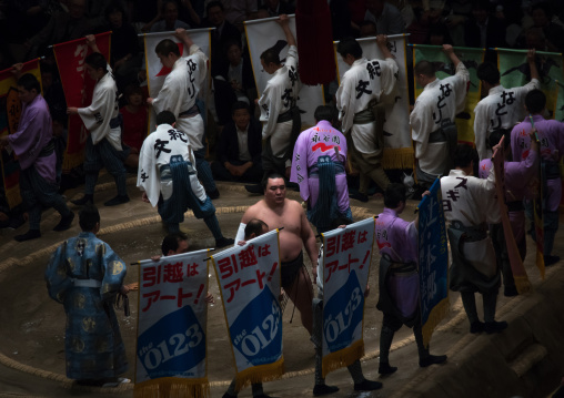 Sponsorship banners during a sumo wrestling in the ryogoku kokugikan sumo arena, Kanto region, Tokyo, Japan