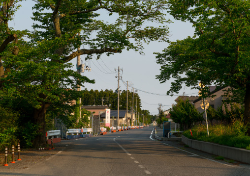 Roadblock in the difficult-to-return zone after the daiichi nuclear power plant irradiation, Fukushima prefecture, Tomioka, Japan