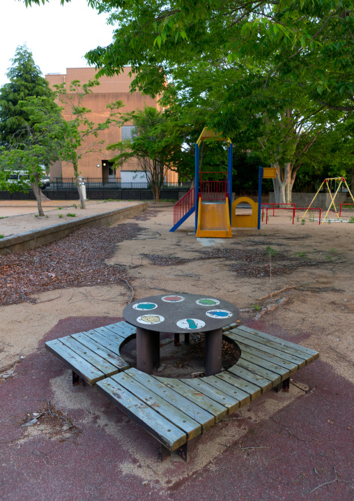 Abandoned children playground in an area that was affected by the 2011 nuclear disaster, Fukushima prefecture, Tomioka, Japan