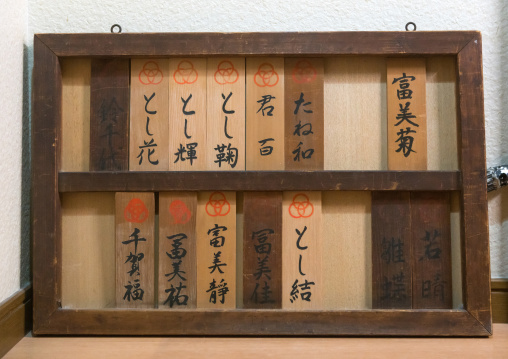 Board with the names of the maikos and geishas living in the house, Kansai region, Kyoto, Japan