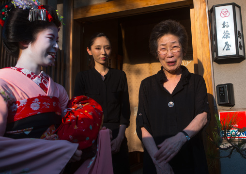 16 Years old maiko called chikasaya with the mother of the 1 geisha house where she lives, Kansai region, Kyoto, Japan