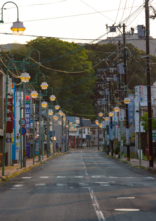 Deserted street in the highly contaminated area after the daiichi nuclear power plant irradiation, Fukushima prefecture, Tomioka, Japan