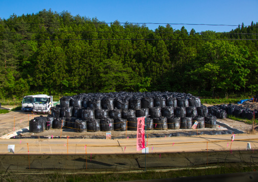 Bags of radioactive waste during radioactive decontamination process after the daiichi nuclear power plant irradiation, Fukushima prefecture, Iitate, Japan
