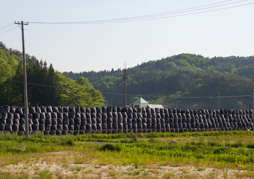 Bags of radioactive waste during radioactive decontamination process after the daiichi nuclear power plant irradiation, Fukushima prefecture, Iitate, Japan