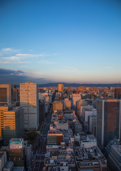 Cityscape at sunset, Kansai region, Osaka, Japan