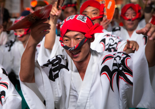 Japanese dancers during the Koenji Awaodori dance summer street festival, Kanto region, Tokyo, Japan