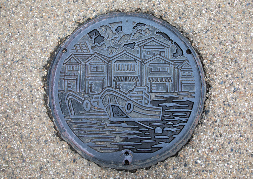 Manhole cover in the street, Kyoto prefecture, Ine, Japan