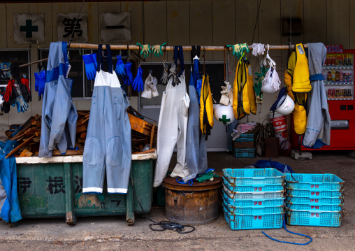 Wet fishermen clothes hanging to dry, Kyoto prefecture, Ine, Japan