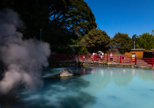 Pond with turquoise color in Kamado jigoku cooking pot hell, Oita Prefecture, Beppu, Japan