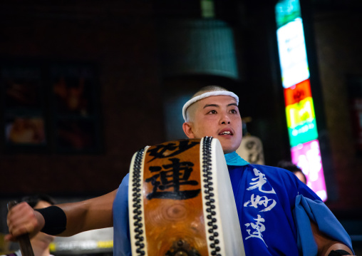 Japanese drummer during the Koenji Awaodori dance summer street festival, Kanto region, Tokyo, Japan