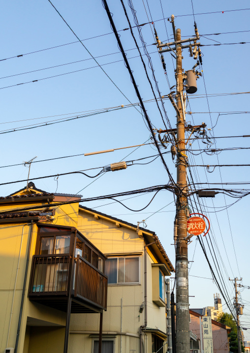 Tangled wires on electric pole in Kazue-machi chaya geisha district, Ishikawa Prefecture, Kanazawa, Japan