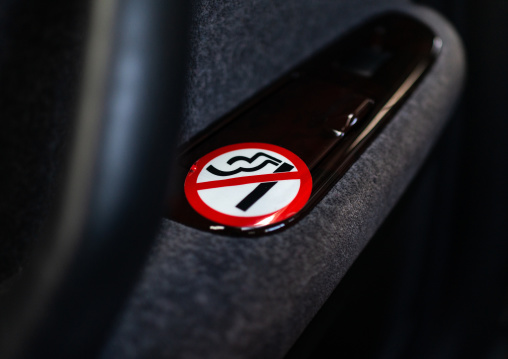 No smoking sign in a taxi, Kansai region, Kyoto, Japan