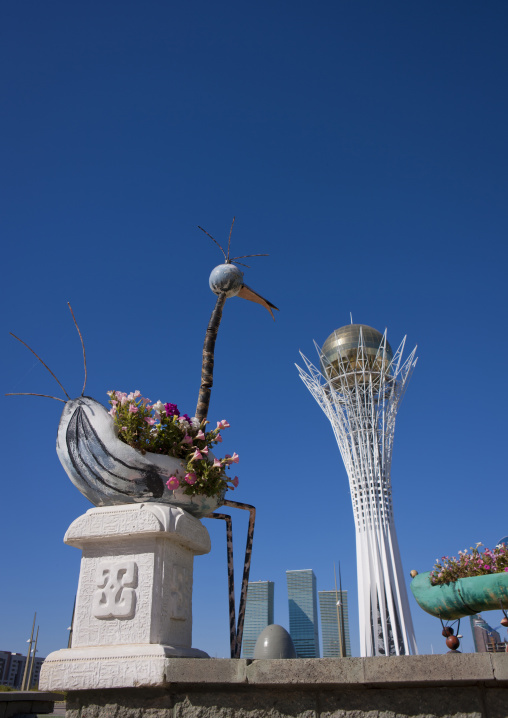 Bird Shaped Flower Pot At The Bottom Of  Baiterek Tower, Astana, Kazakhstan