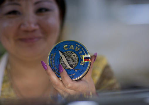 Woman Selling Caviar 50 Euros The Pot In The Bazar, Astana, Kazakhstan
