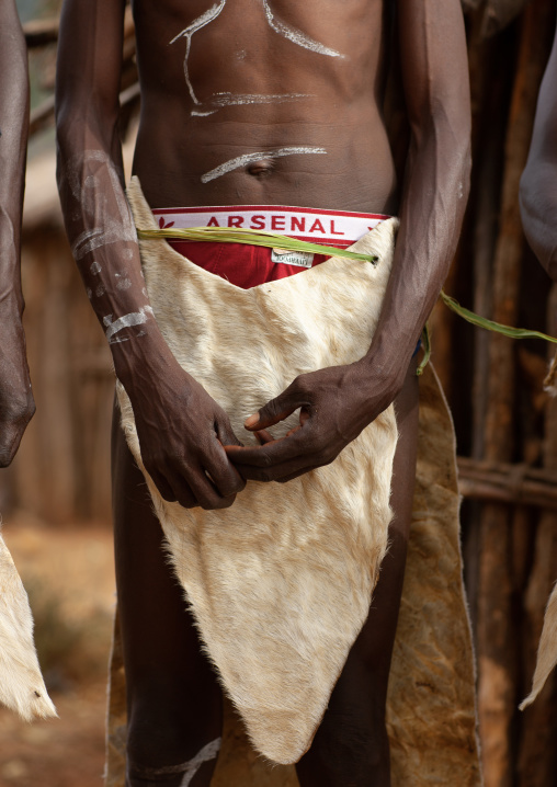 Tharaka tribe man wearing an arsenal underwear, Laikipia County, Mount Kenya, Kenya