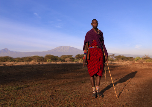 Maasai in front of kilimanjaro, Kajiado County, Amboseli park, Kenya