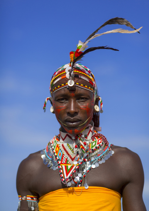 Portrait of rendille warrior wearing traditional headwear, Turkana lake, Loiyangalani, Kenya