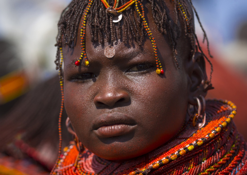 Turkana tribe woman with huge necklaces and ear rings, Turkana lake, Loiyangalani, Kenya