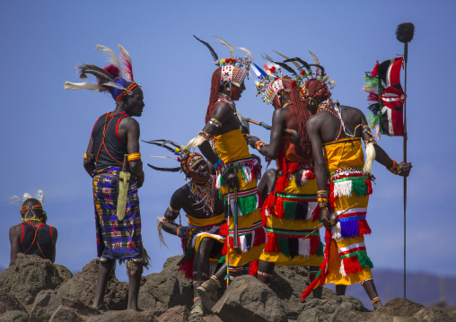 Portrait of rendille warriors wearing traditional headwears, Turkana lake, Loiyangalani, Kenya