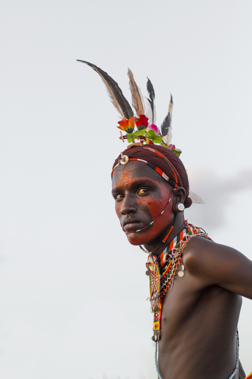 Portrait of rendille warrior wearing traditional headwear, Turkana lake, Loiyangalani, Kenya