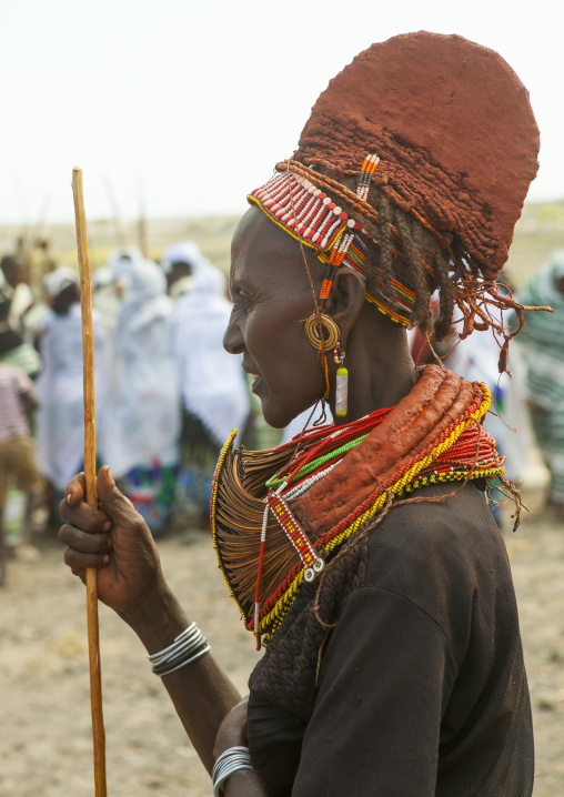 Rendille tribeswoman wearing doko headdress and mpooro engorio necklace, Turkana lake, Loiyangalani, Kenya