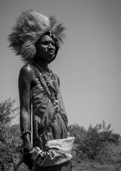 Maasai warrior with a lion hat fur on the head, Nakuru county, Nakuru, Kenya
