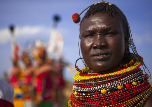 Turkana tribe woman with huge necklaces and ear rings, Turkana lake, Loiyangalani, Kenya