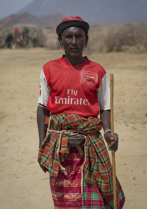 Rendille tribe old man with an arsenal football shirt, Marsabit district, Ngurunit, Kenya