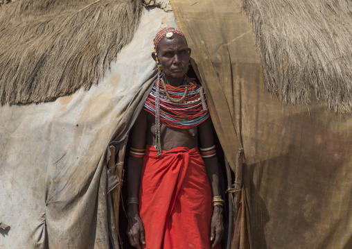 Rendille tribeswoman wearing traditional headdress and jewellery, Marsabit district, Ngurunit, Kenya