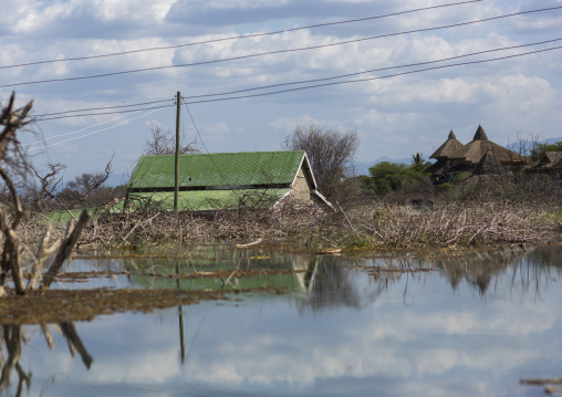 View of flooded house and resort, Baringo county, Baringo, Kenya